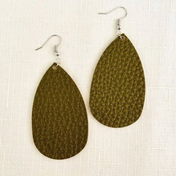 Faux Leather Earrings in Olive Green New Lightweight Teardrop Shaped - Picture 2 of 6